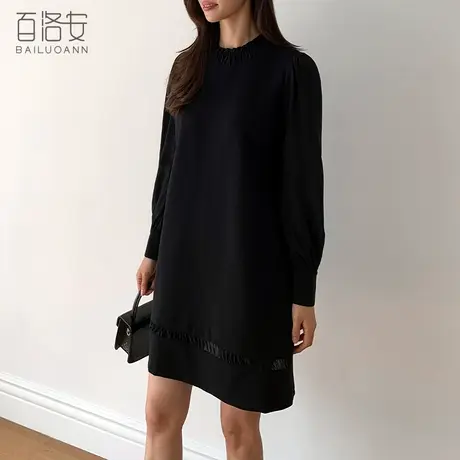 百洛安立领长袖连衣裙女秋季新款时尚宽松舒适休闲黑色直筒中长裙图片