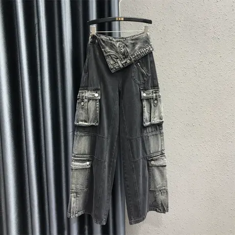 2023秋季新款个性潮流宽松韩版牛仔直筒裤女高腰显瘦工装阔腿长裤商品大图