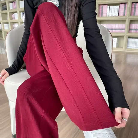 深红色阔腿运动裤女秋冬新款高腰显瘦垂感直筒休闲拖地宽松卫裤潮图片