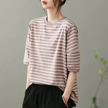 dza复古条纹短袖T恤女2023夏季薄款圆领打底体恤宽松显瘦套头上衣商品大图
