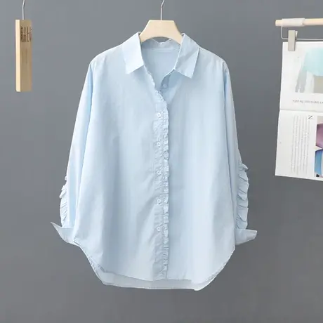 2023早春新款泡泡袖衬衫女纯棉衬衣长袖纯色休闲上衣春秋打底衫潮商品大图