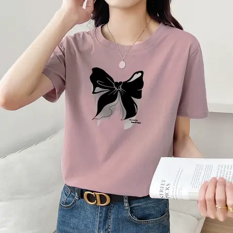 2022年夏装新款纯棉短袖t恤女时髦学生圆领宽松半袖打底t桖上衣服商品大图