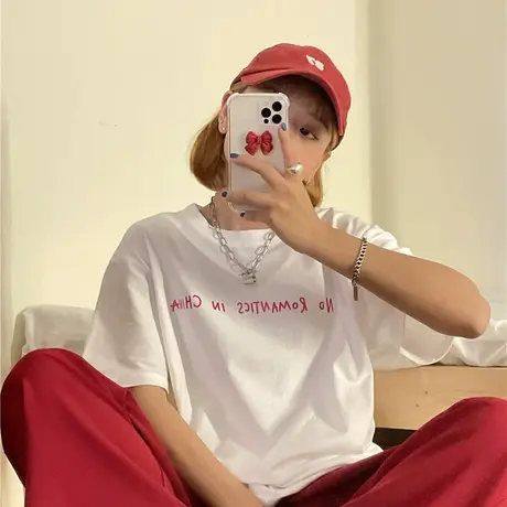 港风简约字母2023新款韩版夏装宽松ulzzang纯棉短袖T恤女ins上衣图片