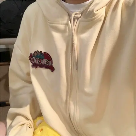 红续秋冬新款韩版休闲宽松慵懒风开衫拉链连帽卫衣女外套港风ins图片