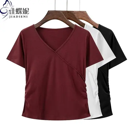 夏季新款V领修身褶皱显瘦纯色纯棉纯欲短袖体恤 内搭上衣女打底衫商品大图