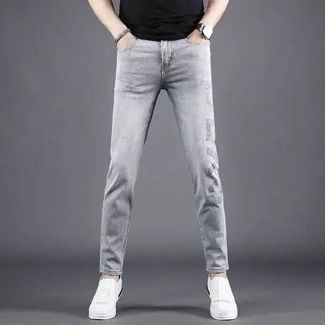高端牛仔裤男夏季薄款2022年新款浅灰色修身小脚潮牌简约长裤子男商品大图