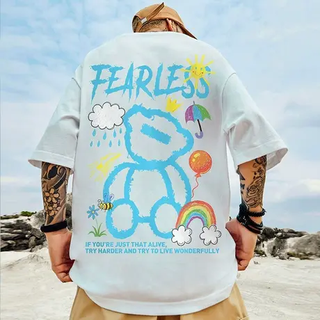 oversize欧美潮牌小熊国潮情侣宽松短袖T恤潮流ins半袖夏大码男装图片