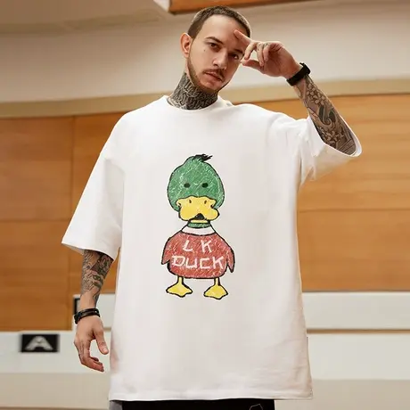 美式街头潮牌恶搞鸭子t恤男ins潮流情侣纯棉大码加肥加大国潮短袖商品大图