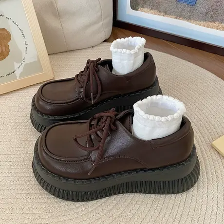 复古英伦风松糕厚底大头小皮鞋女2023新款秋季百搭棕色jk增高单鞋商品大图