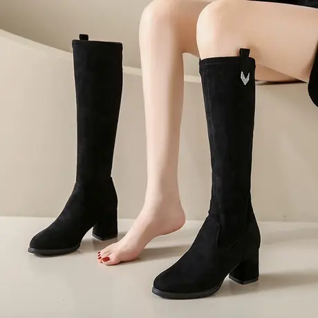 长靴马丁靴女不过膝高跟鞋2023秋冬新款时尚瘦瘦靴弹力长筒靴粗跟图片