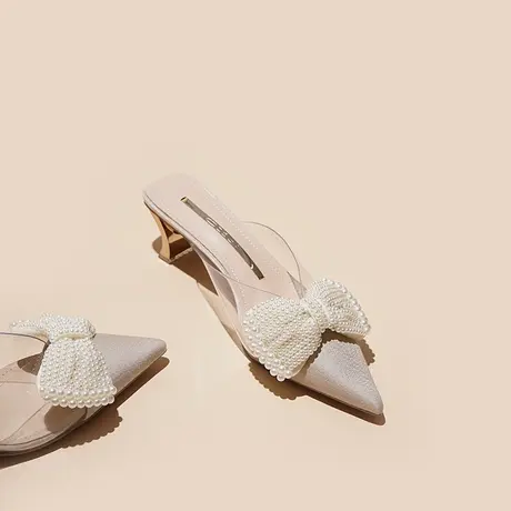 高跟鞋女2023年夏季新款尖头一脚蹬半拖鞋仙女风气质粗跟珍珠凉鞋商品大图