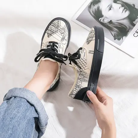 帆布鞋女2021年秋季薄款新款学生ulzzang韩版百搭平底潮ins板鞋女商品大图