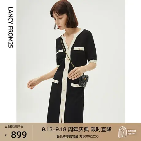 朗姿显瘦小香风拼接撞色黑色气质高级感连衣裙夏季女装新款裙子图片