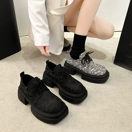 圆头系带乐福鞋女2024春秋季新款复古百搭厚底单鞋法式粗跟小皮鞋商品大图