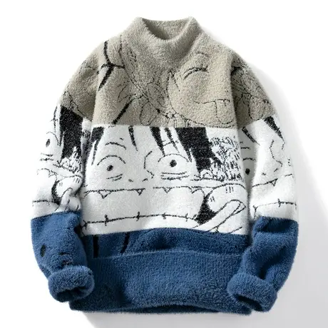 趣味卡通动漫半高领男士撞色毛衣2023冬季加厚新款内搭水貂绒线衣商品大图