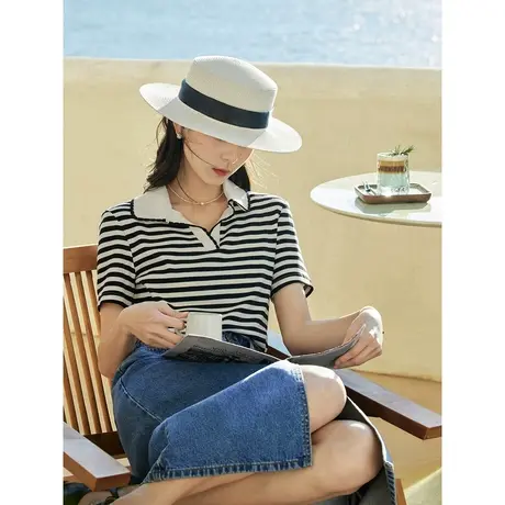 茵曼2023夏季女装新款复古时尚V字开襟polo领撞色条纹显瘦短袖T恤商品大图