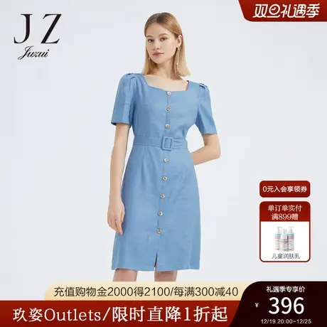 JZ玖姿裙子女装2022夏季新款天蓝方领收腰显瘦透气亚麻牛仔连衣裙图片