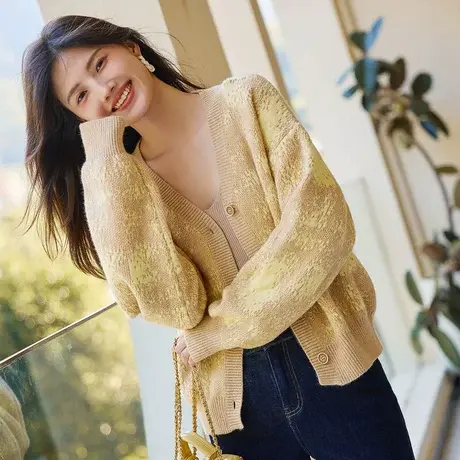 时尚气质毛衣开衫2023年秋新款淑女温柔宽松V领显瘦百搭通勤上衣商品大图