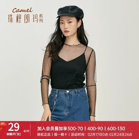 骆驼打底雪纺衫女长袖气质洋气百搭时尚超仙透明网纱内搭黑色纱衣商品大图