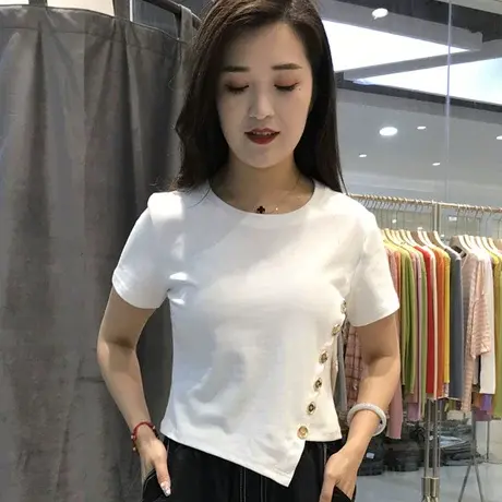 短袖t恤女2023新款女装纯色扣子半袖体恤气质修身v领不规则上衣潮图片