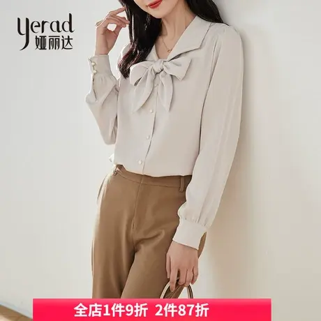 娅丽达蝴蝶结雾霾蓝雪纺衫2024春季新款小众设计感飘带垂感衬衫女商品大图