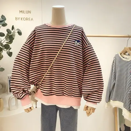 2021秋季新款上衣女韩国东大门荷叶边假两件条纹卫衣宽松休闲大码商品大图