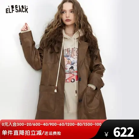 妖精的口袋美拉德皮衣外套女2023冬季新款复古长款休闲机车服上衣图片