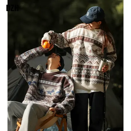 情侣山系提花毛衣男秋冬季美式复古圆领上衣2023新款男士针织外套商品大图