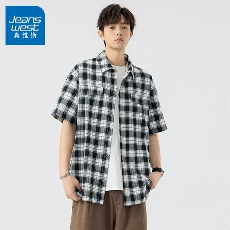 N5真维斯男士短袖衬衫2025夏季新款翻领格子男生休闲宽松百搭衬衣商品大图