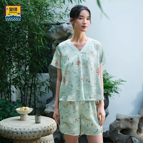 爱慕皇锦含桑蚕丝女士家居服V领斜丝短袖分身睡衣套装HJ21534商品大图