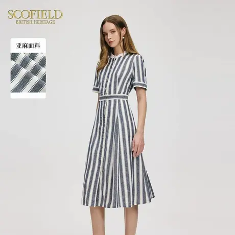 Scofield女装老钱风优雅条纹连衣裙收腰长裙金属纽扣2025夏季新品图片