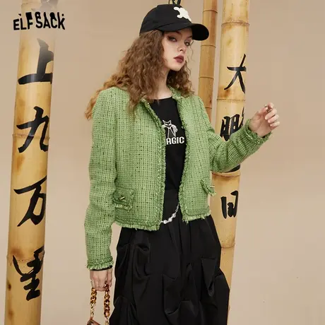 妖精的口袋绿色小香风外套女2023秋季新款名媛气质短款小个子上衣图片