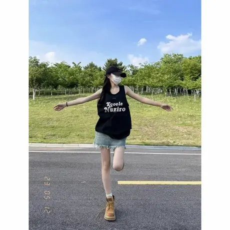 美式复古纯棉吊带背心无袖t恤女夏季外穿宽松篮球服港风挂脖上衣图片