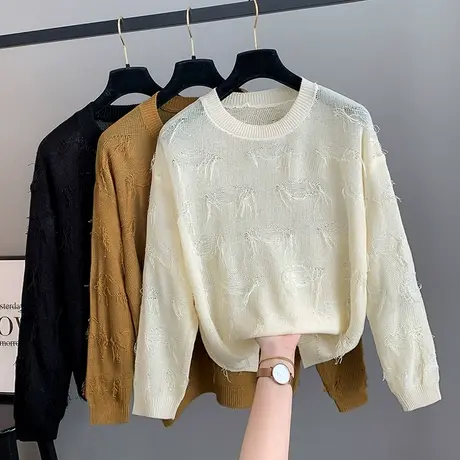 早秋新款圆领长袖流苏时尚纯色百搭针织衫套头2023早秋打底毛衣女商品大图