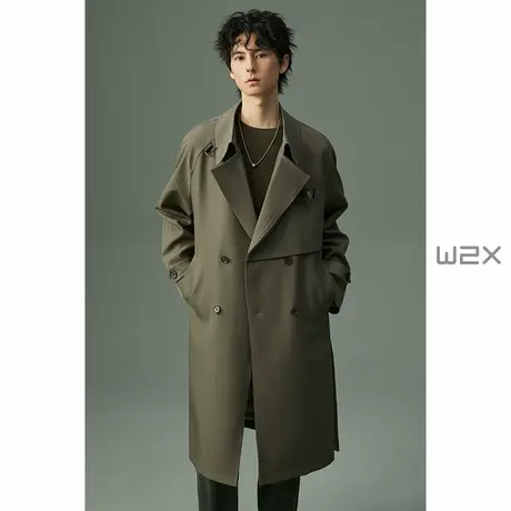 w2x春秋季双排扣战壕风衣男中长款2024新款高级感翻领外套潮商品大图