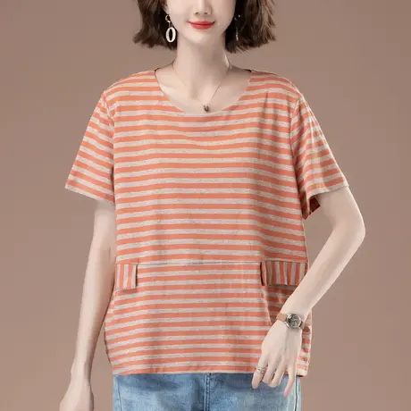 条纹短袖T恤女夏季加肥加大码女装宽松中年妈妈休闲遮肚显瘦体恤商品大图