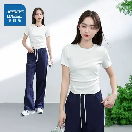 KMV真维斯纯色抽褶短袖t恤女士夏季新款正肩短款圆领紧身显瘦上衣商品大图
