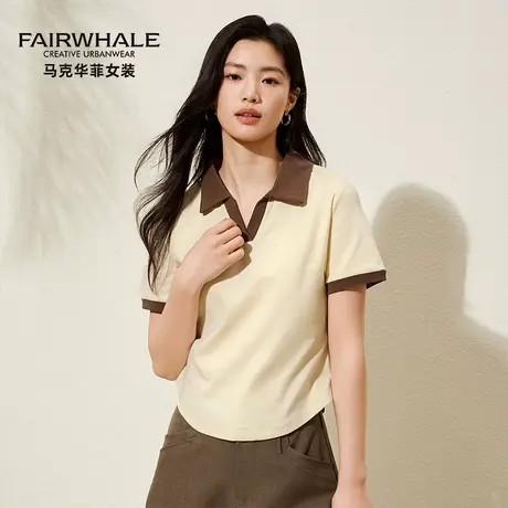 马克华菲女装V领纯棉重磅短袖T恤女2025春夏新款休闲修身polo衫商品大图