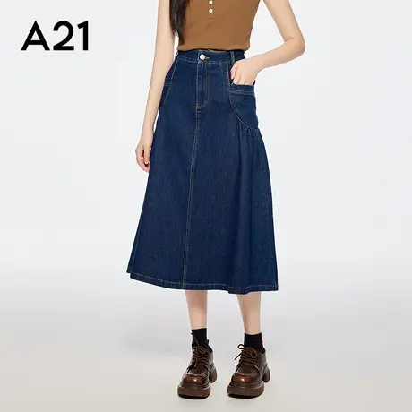 A21女装深蓝色牛仔半身裙2025夏季新款简约长裙设计感压褶薄A字裙图片