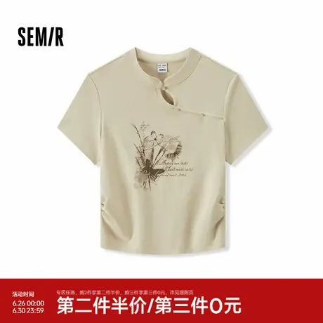 森马短袖T恤女短款新中式蝴蝶水墨画印花夏小立领紧身上衣小心机图片