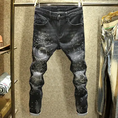 潮牌个性字母印花牛仔裤男高端烫印修身小脚裤欧货潮流秋冬款长裤商品大图