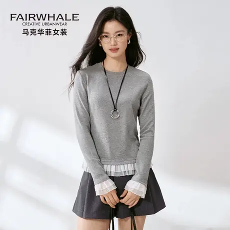 马克华菲假两件灰色长袖打底衫女秋季显瘦修身拼接蕾丝边针织上衣商品大图
