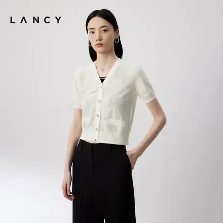 LANCY/朗姿2024夏季白色短袖针织开衫百搭外搭针织薄外穿外套女商品大图