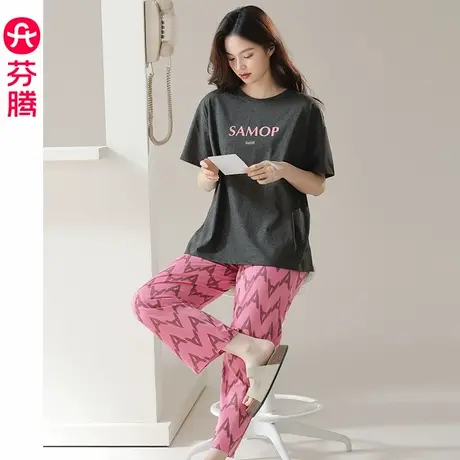 芬腾女新款睡衣夏季纯棉短袖圆领套装休闲宽松大码抗菌防螨家居服商品大图