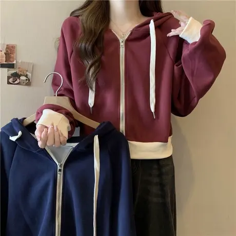 小个子短款拉链开衫卫衣女早秋薄款宽松显瘦撞色上衣chic连帽外套图片