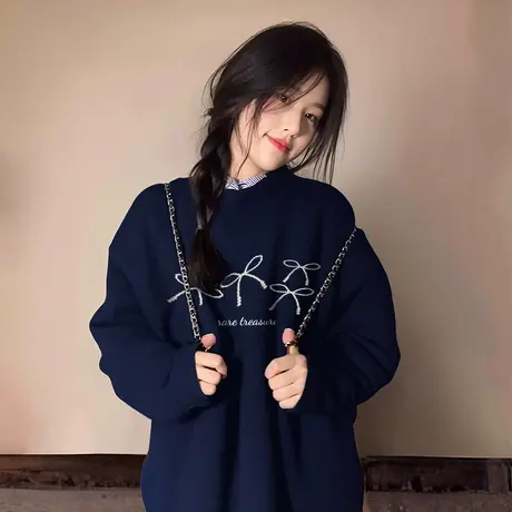 藏蓝色卫衣女早秋薄款圆领2025新款爆款秋冬加绒宽松加厚长袖上衣商品大图