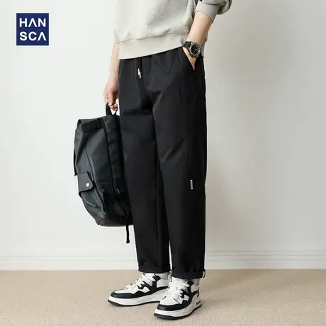 hansca宽松直筒休闲裤男秋季2025新款潮牌高端拼接松紧腰黑色裤子商品大图