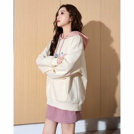 唐狮春秋新款女卫衣百搭连帽上衣甜美拼接宽松休闲连帽衫潮约会tu商品大图