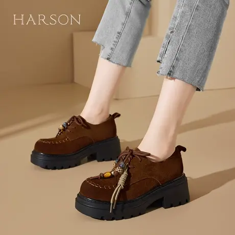Harson/哈森复古风厚底乐福鞋2025秋季新款爆款英伦风小皮鞋单鞋商品大图
