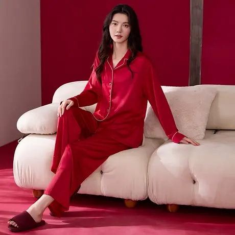 奥丽侬春季红色本命年新婚亲肤舒适柔软家居服女生套装长袖睡衣图片
